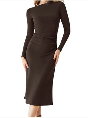 OGL Long Sleeve Midi Dress in Dark Brown
